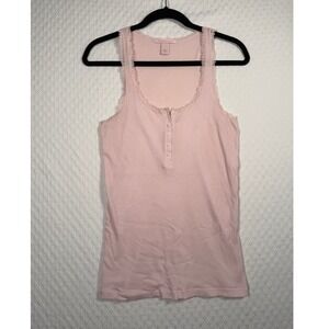 Victoria's Secret Pink Ribbed Henley Tank Top Sz M Lace Trim Y2K Soft Girl